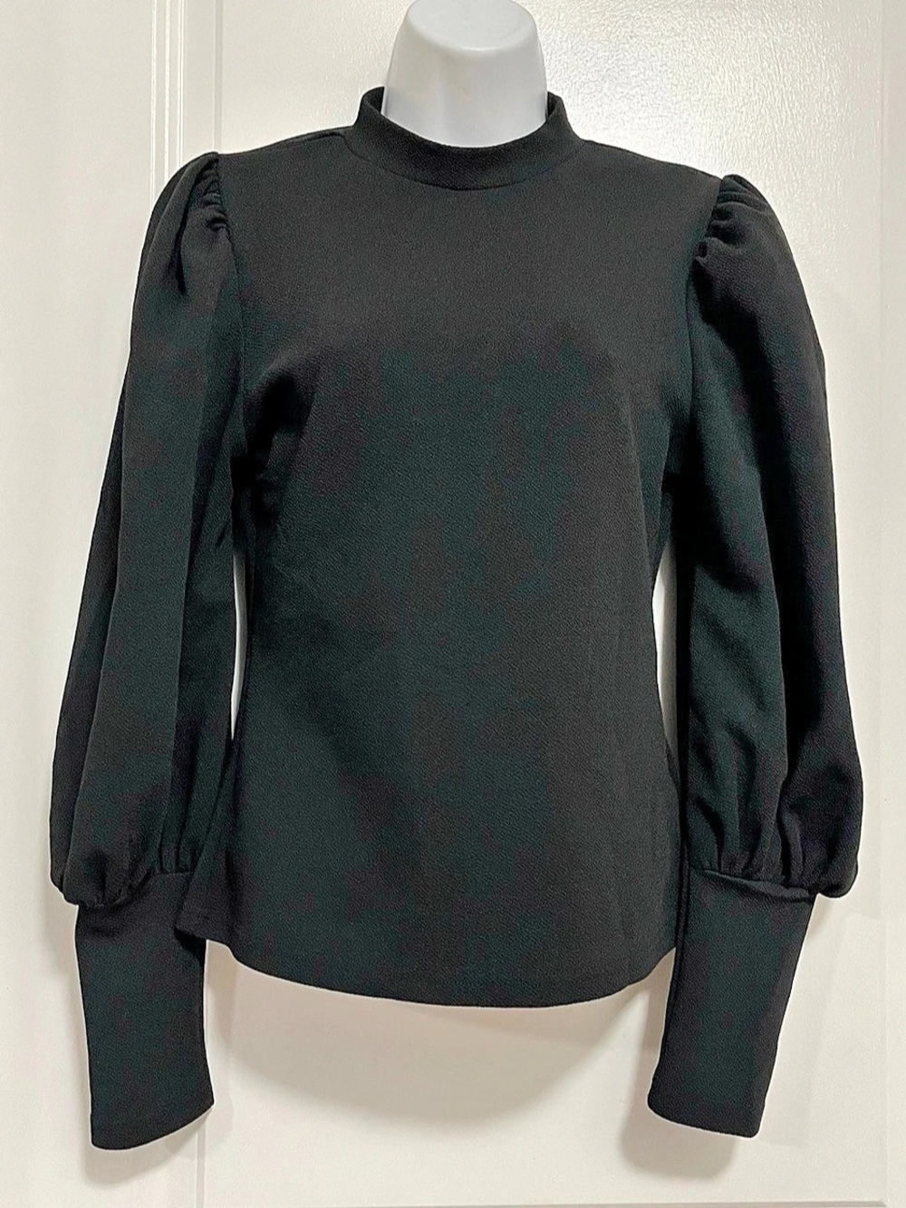 SHEIN Black Mock Neck Puff Sleeve Blouse M 6 Knit Top Structured Long Cuff Workw